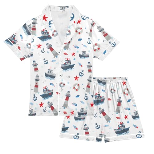 Starfish Sailboat Cute Pattern Summer Satin Pajama Set, Cute Button-Down Sleepwear Pj Set for Sleep Wears