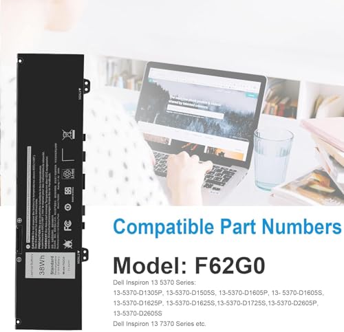 Image of F62G0 Battery for Dell Inspiron 13 7000 7373 i7373 7386 2-in-1 7370 7380 5370 13-7373-0842 Series P83G P87G P91G P83G001 P83G002 P87G001 Vostro 13 5370 39DY5 039DY5 0F62G0 RPJC3 F62GO 11.4V (F62G0)