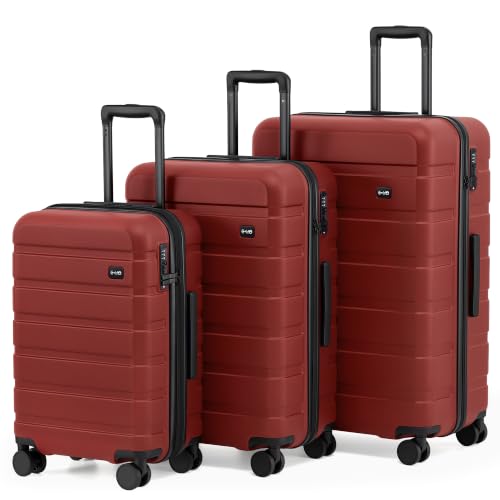 Image of Coolife Luggage Set, Lightweight Durable Hardshell, 3 piece, Deep Red | Upgraded Polycarbonate Shell Suitcase,360 Spinner Double Wheels,Expandable(20''only),Tsa Lock,Aluminum Handle,Nested Design