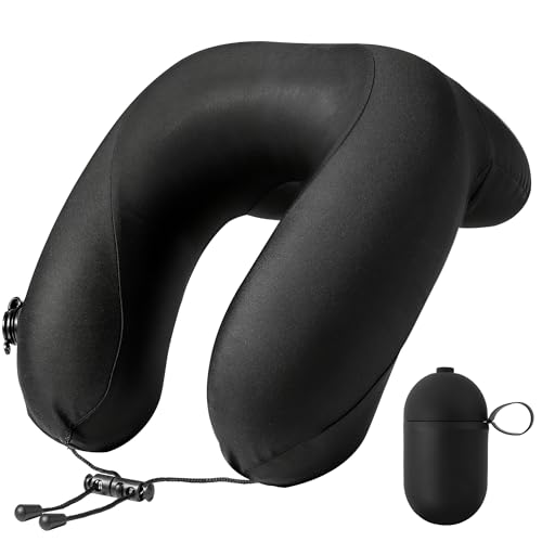Instaywell Inflatable Travel Neck Pillow for Airplane with Adjustable 360 Head & Neck Support 2-in-1 Air Pump and Storage Bag Soft Removable Washable Cover for Airplane Train Office (1 Black)