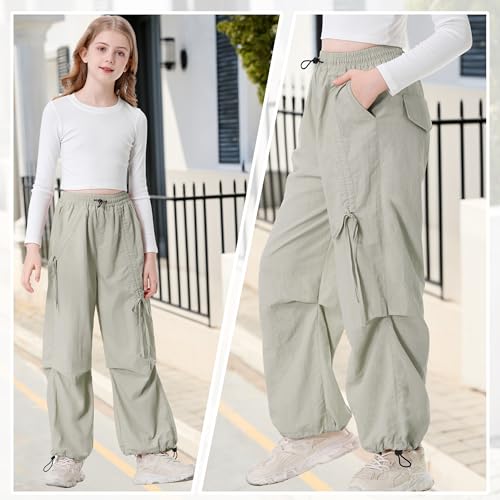 Image of Rolanko Wide Leg Girls Parachute Cargo Pants for Girls Butterfly Y2K Kids Cargo Jogger Trousers with Pockets Loose Fit