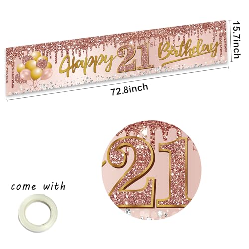 Image of Excelloon 21st Birthday Banner Decorations for Her, Pink Rose Gold Happy 21 Birthday Yard Banner Party Supplies, 21 Year Old Girls' Womens' Bday Background Sign for Outdoor Indoor