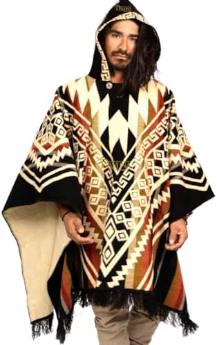 DAVLINA, ALPACA Wool Poncho Hooded and, Aztec Pattern, Unique and handmade in Ecuador. Thick, Warm and Soft Wool Poncho