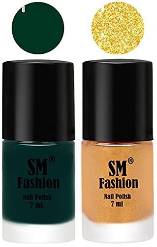 Image of Long Lasting Nail Polish | Nail Paint Combo 7 ml Each) - Set of 2 Dark Green-Light Golden