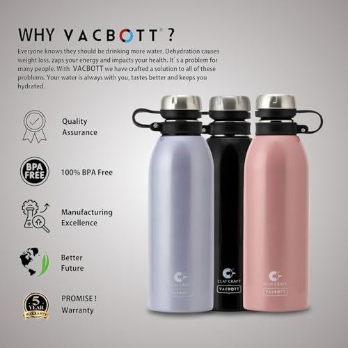 Image of Clay Craft VACBOTT Charlie Double Walled 24 Hours Hot and Cold Water Bottle-900ML, 2-Piece(Ruby) Leak Proof|Easy to Carry|Gym Bottle|Home|Kitchen|Hiking|Travel Bottle|BIS Certified|Made in India