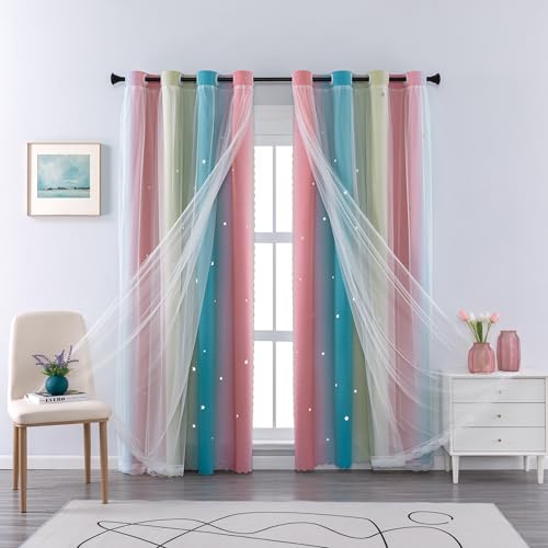 Image of XiDi Curtains for Bedroom Decor, Rainbow Pink-Blue-52-90