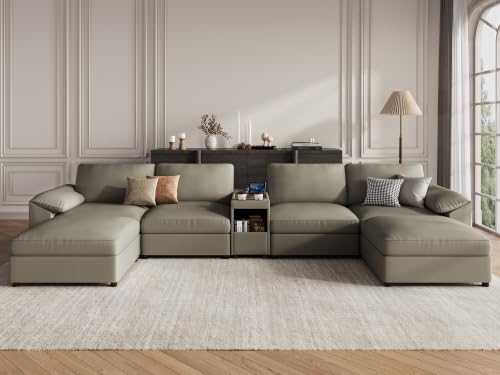 Image of EASE MOOSE Leather Sectional Couch, Oversized Modular Sectional Sofas, Wide Deep Seat Modular Couch, Scratch Resistant Faux Leather Material, U Shaped Sofa for Big Spaces,Light Grey