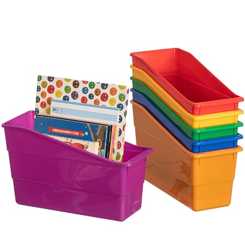 Basicwise 6-pc Assorted Color Plastic Storage Bins Versatile Book Magazine & File Holders for Classroom Office or Home Organization Open Front Desktop Organizers for Supplies Documents & Stationery