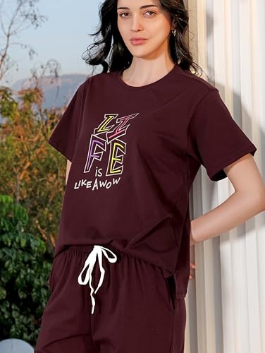 Image of ZEYO Night Suit for Womens Typography Printed Cotton Night Dress of Top and Wide Bottom Pyjama