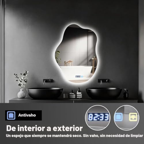 Miniatura 7 de Hondony Espejo Baño Forma De Nube Con Luz 70x50cm, Espejo-Baño-Led, Antivaho, Regulable, 3 Colores Luz, Función Memoria, Musical Espejo-Led, Horizontal Vertical, Pintura Negro