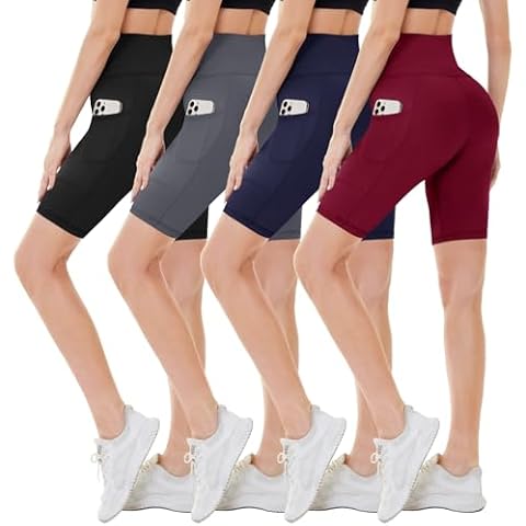 CAMPSNAIL 4 Pack Biker Shorts Women with Pockets – 5"/8" High Waist Tummy Control Workout Gym Yoga Running Compression Shorts Cover