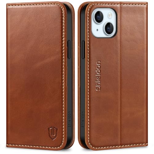 SHIELDON Case for iPhone 15 Plus 5G, Genuine Leather Wallet Magnetic Cover Kickstand RFID Blocking Credit Card Holder Shockproof Case Compatible with iPhone 15 Plus 6.7