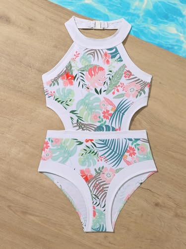 Image of WDIRARA Girl's One-Piece Floral Print Swimsuit Cut Out Swimwear Halter Bathing Suit