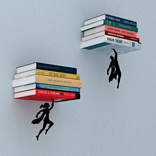 Image of Floating Bookshelf - Wonder&Supershelf - Invisible Hanging Wall Shelf Set | Hero and heroine designs together as a comic decor accent with no visible mounting hardware
