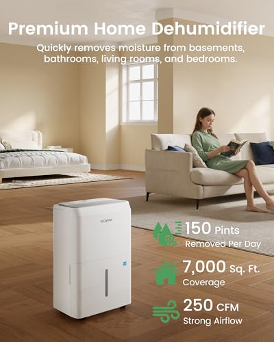 Image of Waykar 150 Pint 2025 Energy Star Dehumidifier with Pump for Large Rooms up to 7,000 Sq. Ft. for Home, Basement, Commercial, Industrial, with Drain Hose & Tank, Auto Defrost, Smart Auto Comfort Mode