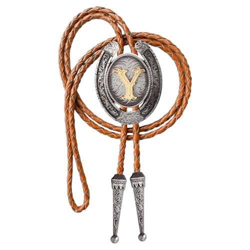 Image of Vintage Western Cowboy Monogram Initial Letter Bolo Tie for Men | Premium brown braided leather, adjustable sliding clasp, anti-tarnish alloy pendant, versatile A-Z western bolo tie