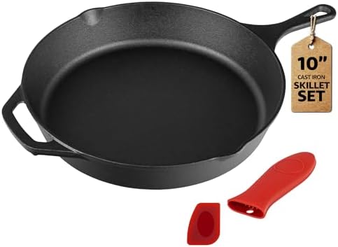 Cast Iron Skillet 10 Inch - Professional Pre-Seasoned Heavy-Duty Pan Cookware Pans with Scraper & Handle Sleeve for Frying, Sautéing, Cooking, Baking.