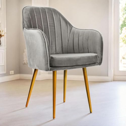 Image of Velvet Accent Chair | Luxury Upholstered Armchair with Sturdy Metal Legs | Modern Comfortable Chair for Living Room, Bedroom, Office, or Cafe (Golden Legs, Grey)