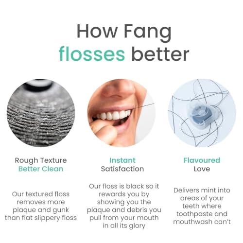Image of Fang Activated Charcoal Mint Floss | Effective Plaque Removal | Black Textured Woven Thread, Not plastic | Designed with American Dentists | Non toxic, vegan and child friendly (150-ft) (Mint, Pack of 4)