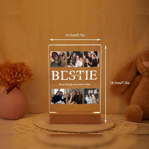 Image of Friendship Day Custom Photo Collage LED Lamp, Personalised Acrylic Night Light for Best Friends, Warm White, Wooden Base, Touch Control, Modern Style (Bestie 3)