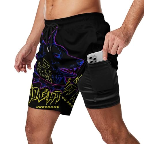 Mens Swim Trunks with Compression Liner, Doberman Slogan Art Printed Beach Board Shorts2