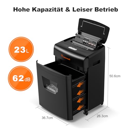 Bonsaii 120 Blatt Aktenvernichter mit Automatischem Einzug, P-4 Partikelschnitt, Extrem Leise mit 62dB, 23-Liter-Behälter und 4 Rädern, Autofeed-Mikroschnitt-Schredder für das Büro(C233-B)