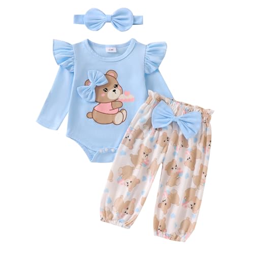 Image of Ursobutegl Newborn Infant Baby Girl Outfits Ruffle Bear Long Sleeve Romper Bodysuit Tops Pants Set Cute Fall Winter Clothes