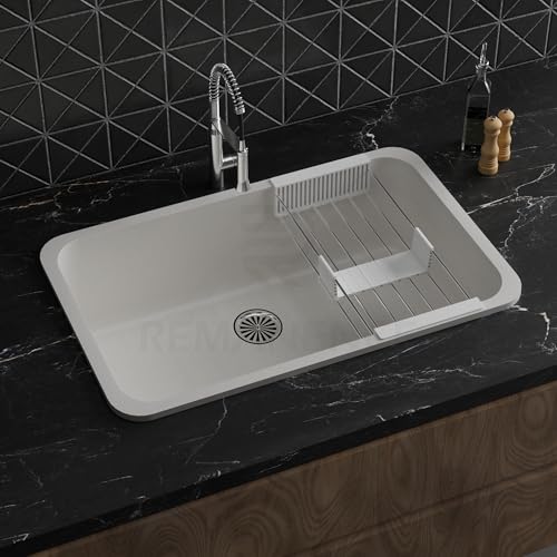 REMANENCE Granite Quartz Singke Bowl Kitchen SInk | Matte Finish Kitchen Sink With Drain Board and Drainer Basket | Modern Sink for Kitchen (31 x 19 x 9 Inch) (Grey Stone)