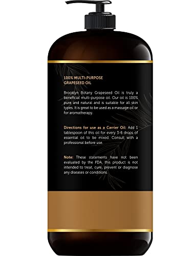 Brooklyn Botany Grapeseed Oil For Skin, Hair And Face – 100% Pure And Natural Body Oil And Hair Oil - Carrier Oil For Essential Oils, Aromatherapy And Massage Oil – 28 Fl Oz #TOP2