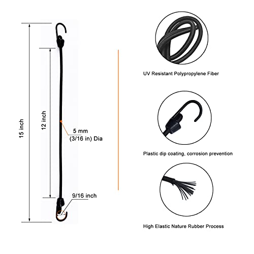 Joneaz Mini Bungee Cord With Hooks 12 Inch, Plastic Coated, Without Sharp Hook End, 15 Piece #TOP1