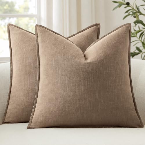 ANRODUO Pack of 2 Decorative Linen Pillow Covers Coco Brown Euro Sham Neutral Farmhouse Boho Soild...