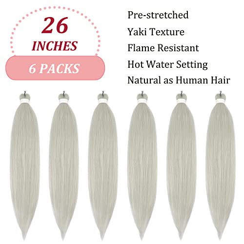 Upruyo Pre Stretched Grey Silver Braiding Hair Extensions For Braids Kanekalon Prestressed Gray Braiding Hair Pre Stretched Fake Synthetic Hair For Braiding ​(26 In 6 Packs) #TOP1