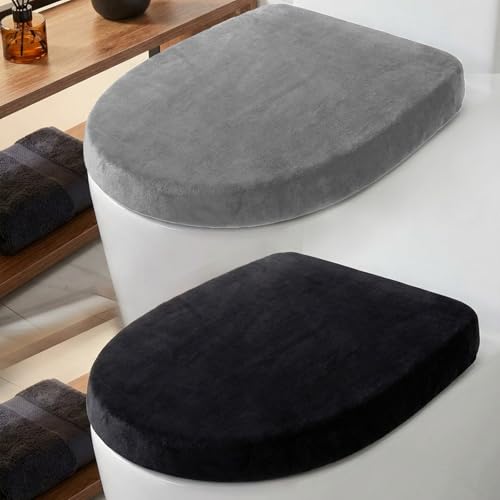 2PCS Soft Chenille Toilet Lid Cover, Microfiber Velvet Toilet Seat Lid Cover, Absorbent & Cozy, Machine Washable, Non-Slip Fit, Durable Bathroom Toilet Cover Fits Most Toilet Lids (Black and Grey Set)