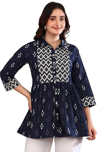 Image of Yash Gallery Women Cotton Regular Fit Geometric Print Hip Length 3 /4th Sleeve Collared Neck Short Kurti