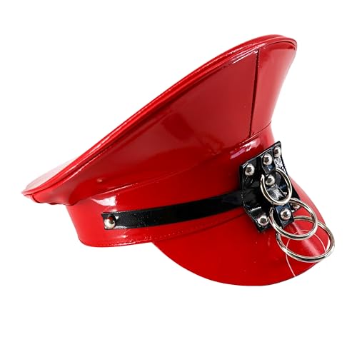 Shiny Police-Style Peaked Cap with Rings (Red)