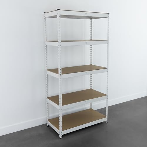 MonsterRax Modular Garage Shelving - 5 Tier Storage Shelves, Tall Metal Rack Shelves for Storage, Heavy Duty Steel Shelf Organizer for Garage, Or Kitchen Pantry (White, 18" x 36" x 72")