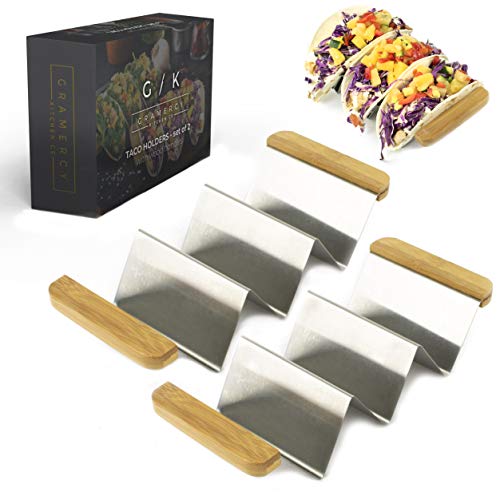 Taco Holder Stand - Set of 2 with Premium Bamboo Wood Handles | Gourmet Restaurant Style Stainless Steel Taco Holders Serving Tray with Dividers