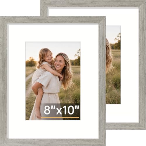 Vittanly 8x10 Picture Frame, Solid Wood Frame with Mat, Grey, 2 Pack