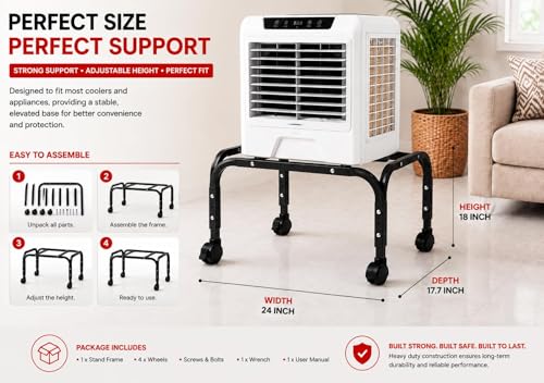 Image of Heavy Duty Metal Cooler Stand with 4 Wheels | Powder Coated Rust-Proof Stand for Kenstar, Bajaj, Symphony, Havells, Maharaja & Desert Coolers | Pack of 1 (Black)