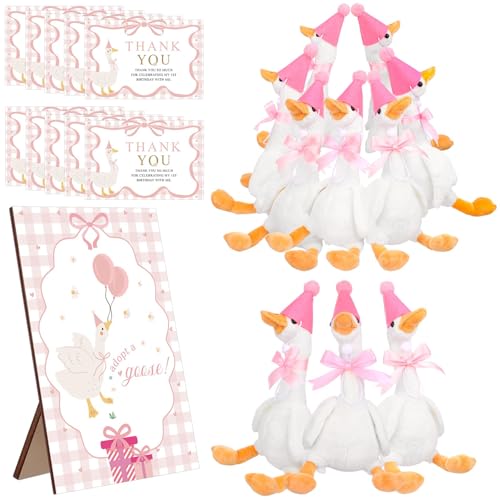 10Set One Silly Goose Birthday Decor 1st Baby Shower Party Favor 15.7 Inch White Geese Plush Stuffed Animal with Mini Party Hats Wood Table Decoration Greeting Cards Pink Ribbons for Guest Gifts
