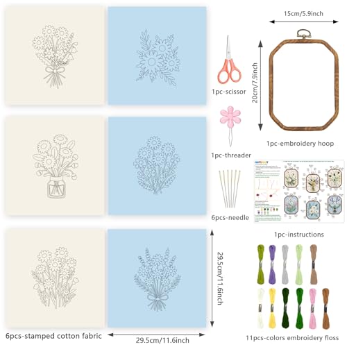 Image of INFUNLY 6 Sets Daisy DIY Embroidery Kit for Adult Octagon Lavender Stamped Embroidery Starter Kit 11.8x11.8 Vintage Flowers Hand Stitching Needlework Set with Step-by-Step Instruction