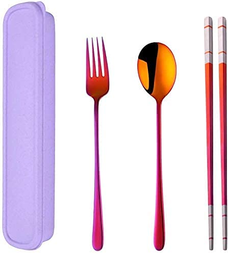 DOBUYOO 3 PCS Outdoor Flatware Set Fork Spoon Chopsticks/Travel Flatware Set with a Case, Red
