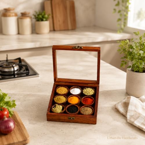 Image of Wooden Masala Box with Glass Lid|9 Compartments Spice Organizer for Kitchen|Handmade Sheesham Wood Spice Container|Traditional Masala Dabba for Herbs, Seasonings & Dry Fruits