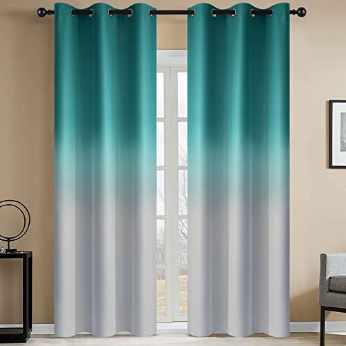 Yakamok 84 Inch Teal and Greyish White Ombre Curtains Room Darkening,42x84
