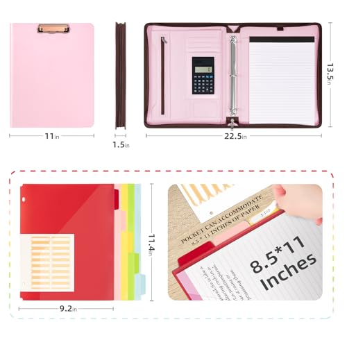 Image of Ospelelf Pink Leather Portfolio Binder 3 Ring, Zippered Clipboard Folder with Storage - 5 Dividers with Pocket, Padfolio for Women,12.1 inch Tablet Sleeve, Refillable Notepad, Card Slot