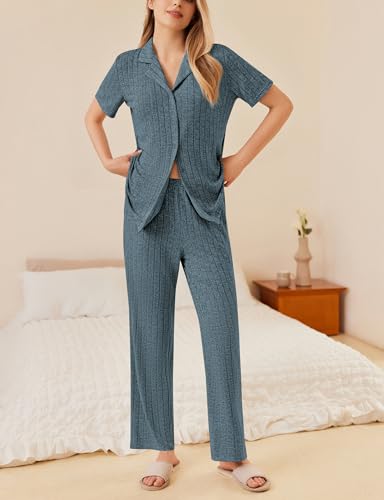 Ekouaer Womens Rib Knit Pajamas Button Up Lounge Sets Short Sleeve Top and Long Pants Matching Pjs Sleepwear Loungewear4
