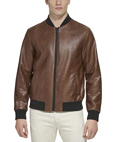 DKNY Men's Faux Leather Varsity Bomber Jacket, Brown Snake