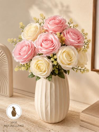 Image of Divyakosh Artificial Flowers Bunch (Vase Not Included). Artificial Flower for Vase, 8 Head Blush Pink & Cream Rose Arrangement, Luxury Floral Centerpiece for Living Room Dining Table Office Decor