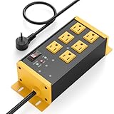 JUNNUJ Heavy Duty Power Strip Surge Protector 4800J, 6 Outlets with EMI/RFI Filtering and Noise Isolated Banks, Wall Mount Metal Multiple Plugs for Industrial Garage Shop, 6FT Extension Cord Flat Plug