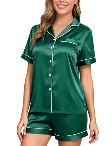 Image of Veseacky Women Satin Pajamas Set 2 Piece Button Down Short Sleeve Soft Sleepwear with Pockets